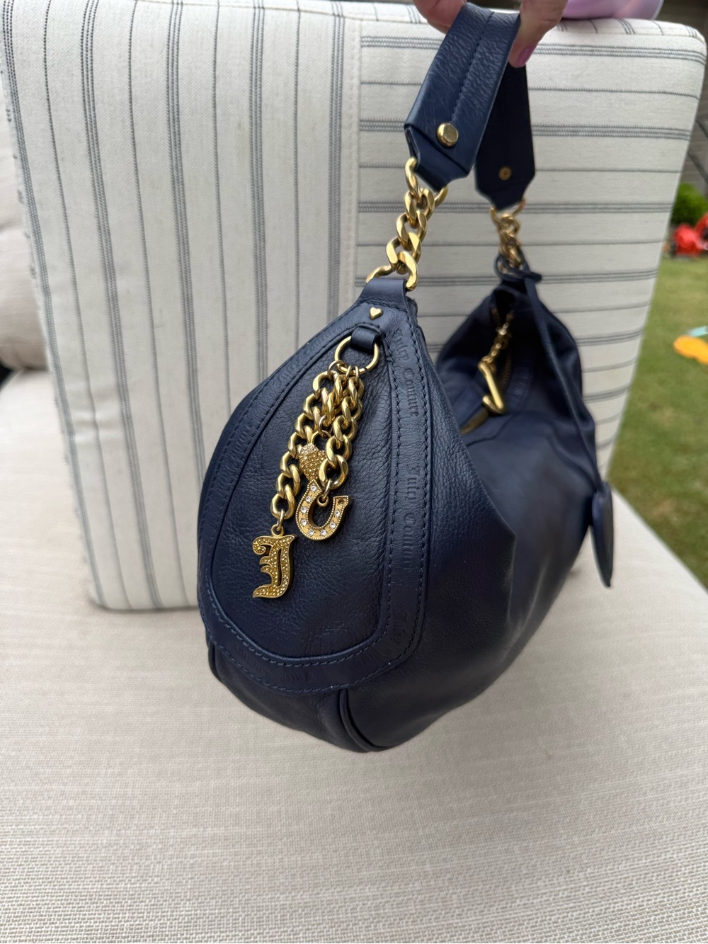 “Vintage” Juicy Couture Navy Leather Shoulder Bag with Gold Charm Details